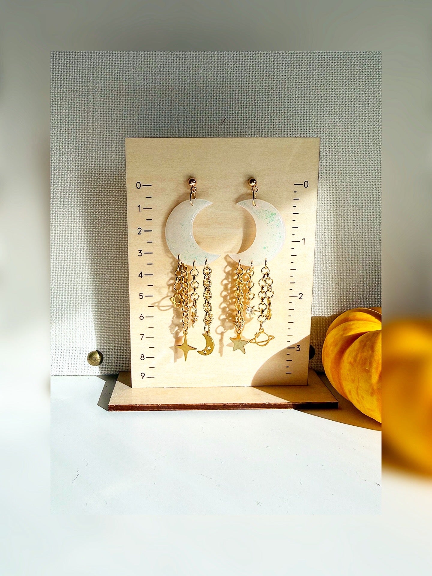 Celestial Cascade Earrings – Iridescent Crescent Moons with Golden Charms