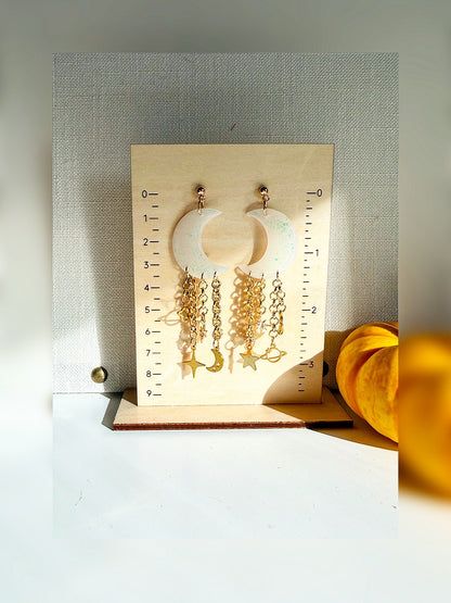 Celestial Cascade Earrings – Iridescent Crescent Moons with Golden Charms