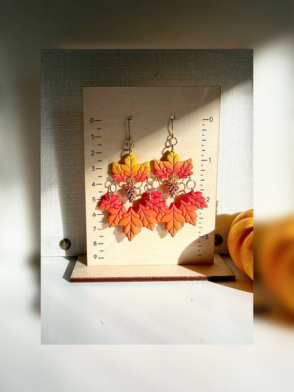 Autumn Ember Earrings – Falling Leaves and Pinecone Charms