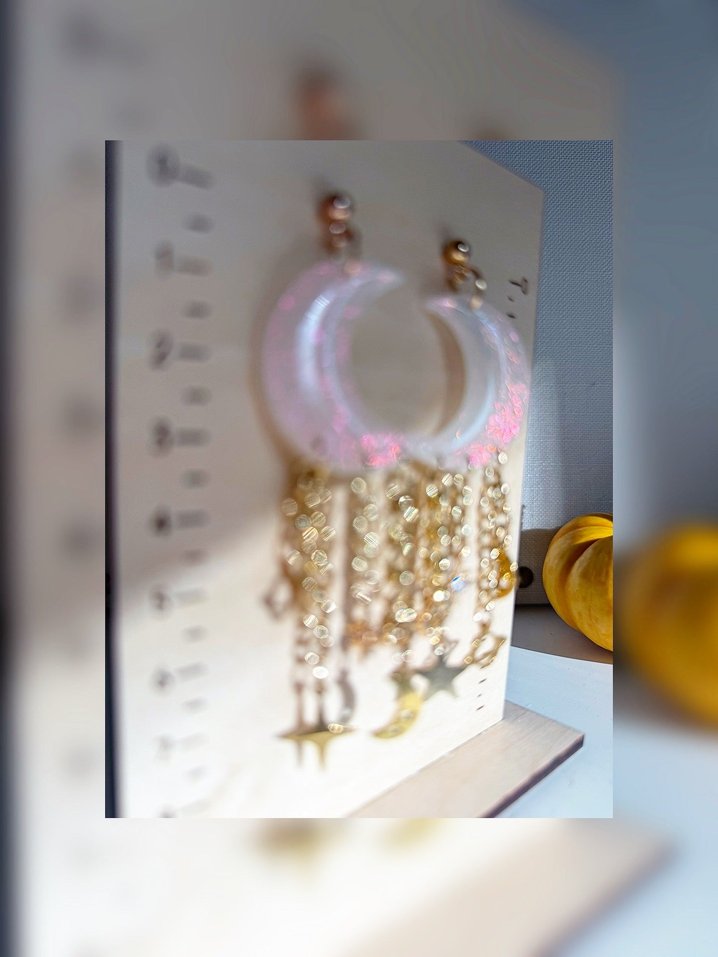 Celestial Cascade Earrings – Iridescent Crescent Moons with Golden Charms