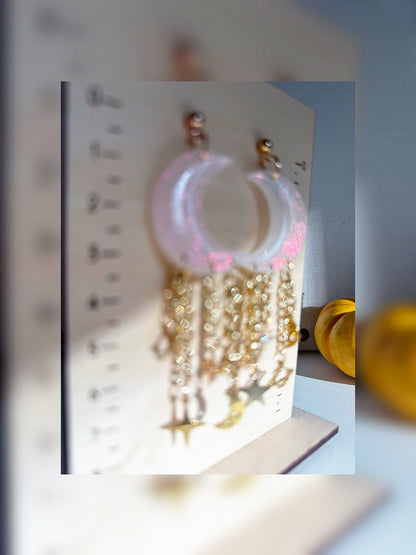 Celestial Cascade Earrings – Iridescent Crescent Moons with Golden Charms