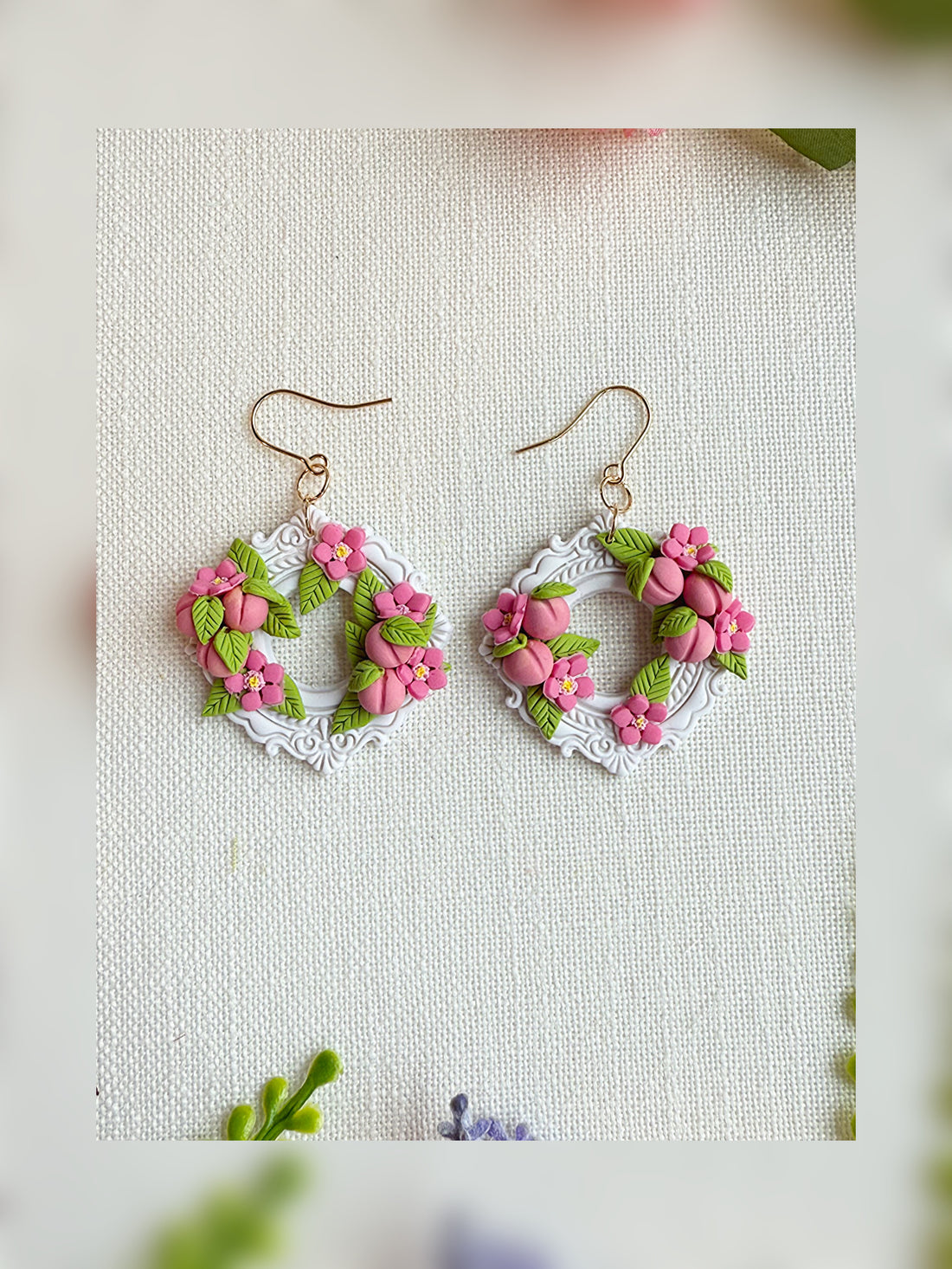 🍑 Peach Blossom Wreath Earrings - OOAK